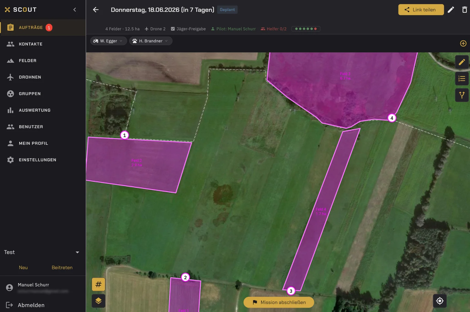 Scout's desktop dispatch view: a satellite map with field polygons marked for a planned mission, numbered fields, and a mission bar showing the assigned drone, pilot, and helpers.